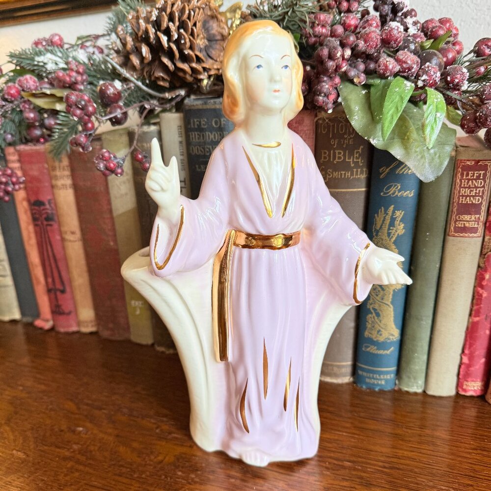 1950's Lady Planter/Head Vase Cream, Lilac and Gold Accents - Picture 4 of 14
